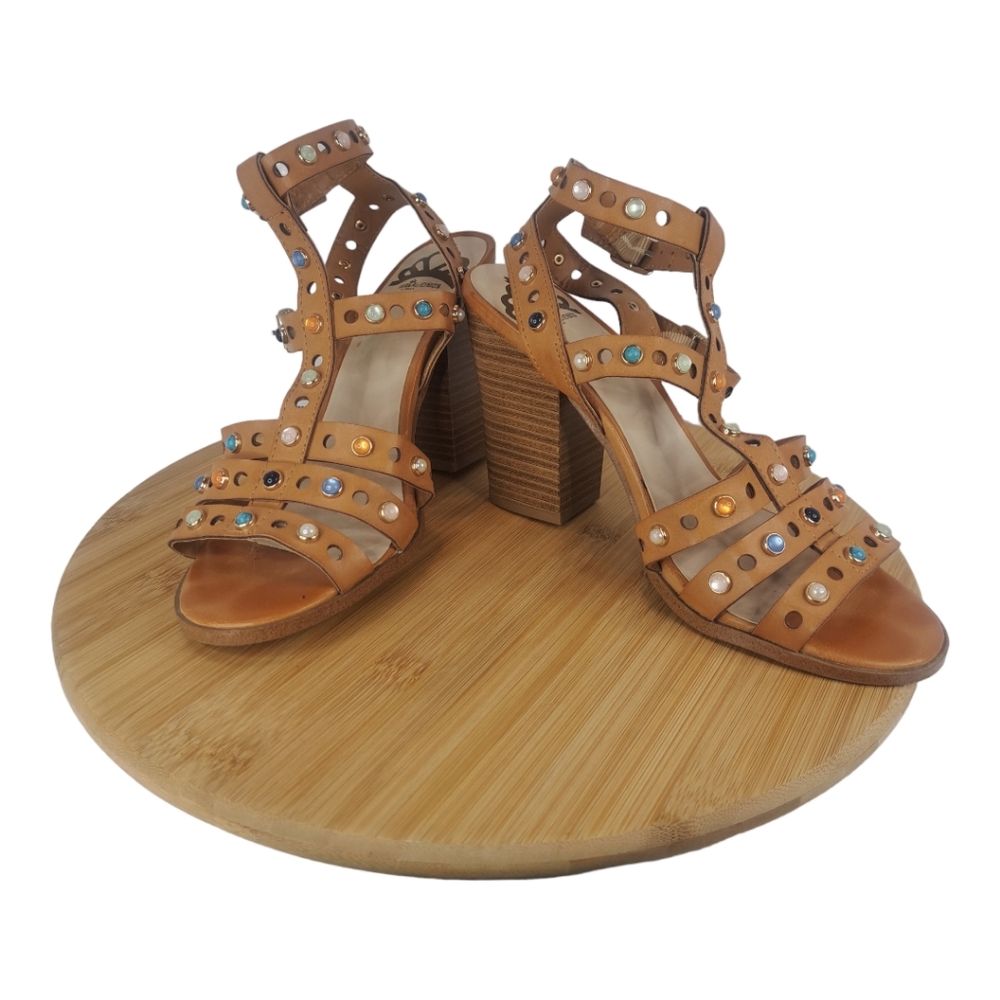 Fergalicious Women's Shoe Volatile Heeled Sandal Size 8.5 Tan + Multicolored Gem